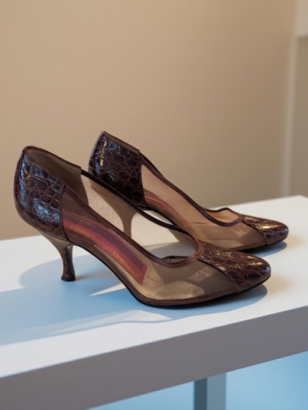 Susan Bennis/Warren Edwards Vintage 80s Brown Mesh & Croc-Embossed Pumps